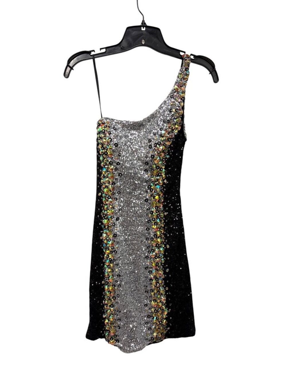 Vienna Sequin One-Shoulder Cocktail Dress With Beaded Straps Black and Silver Si